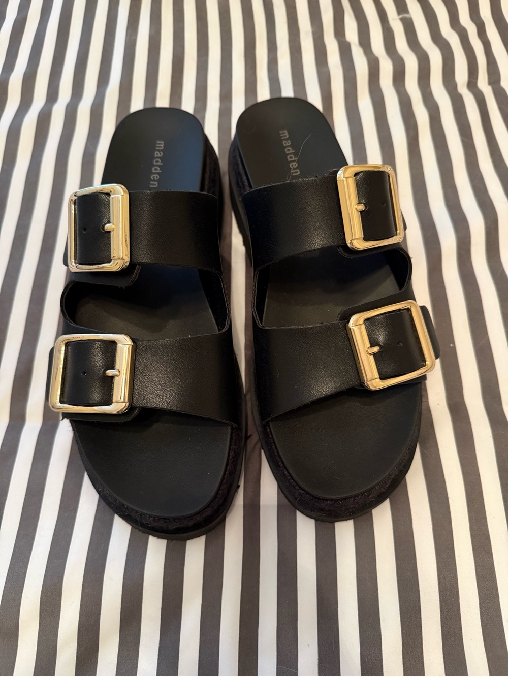 Madden Girl Black Slide Sandals with Gold Buckles